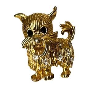 Vintage Gold Plate Scotty Dog Brooch Pin Rhinestone Terrier Yorkie Jewelry